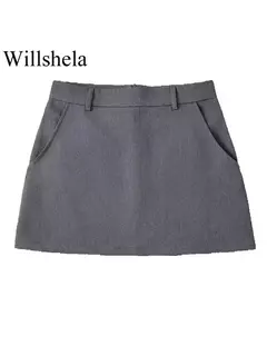 Imagem do Willshela-Mini saia feminina monocromática com zíper traseiro A-Line, cintura alta, saias chiques femininas, moda vintage