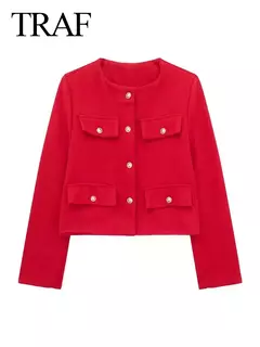 Imagem do TRAF-Casaco Cropped feminino com botão dourado, blazer bomber, streetwear chique, blusa de casacos femininos, moda primavera, 2022