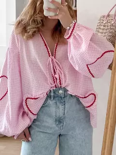 Camisas femininas com gola V, bordado de coração, xadrez, nó frontal, blusa de gravata, primavera, verão, tops casuais, moda, Y2K - Wolf Magazine