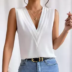 Imagem do Moda feminina verão novo multi-nível com decote em v cor sólida regata camisa elegante feminino branco sem mangas blusa casual