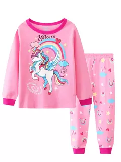 Imagem do Desenhos animados unicórnio impressão algodão pijama conjuntos para meninas, gola casual, rosa, 2pcs