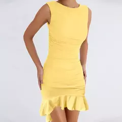 Elegante vestido de festa com borda de lótus, bodycon sem mangas, plissado, plissado, gola redonda, mini, verão, sexy, 2022 - loja online