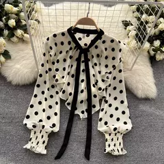 Vintage de bolinhas manga comprida plissado crop top feminino, t-shirt fina chique, camisa sexy casual fina, streetwear Harajuku, moda primavera - comprar online