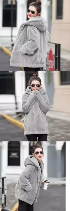 Jaqueta feminina com capuz de flanela forrada a lã, jaqueta curta solta, manga longa quente, comprimento médio, versão coreana, inverno, novo estilo - loja online