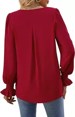 Nova camisa feminina de chiffon de cor sólida com decote em v pulôver queimado manga comprida camisa superior senhora do escritório elegante cáqui blusas soltas - comprar online