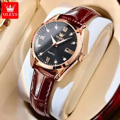 OLEVS-Relógio quartzo com pulseira de couro clássico para mulheres, relógio diamante elegante para senhoras, encontro impermeável, moda - Wolf Magazine