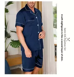 Conjunto de pijamas de manga curta masculino, camisa e shorts de botão, pijamas, bolsos, roupa de verão na internet