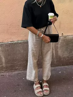 Calça xadrez casual feminina com cordão, cintura alta, calça reta, roupa diária, amiga da pele, moda verão, nova, venda quente
