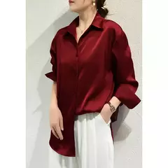 Camisas e blusas femininas com acabamento acetinado, blusa casual, manga comprida, botão, camisas elegantes, roupa francesa, monocromáticas, todos os fósforos, OL - Wolf Magazine