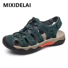 Novas sandálias masculinas de couro genuíno macio sandálias sapatos masculino