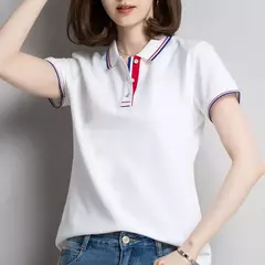 Camisa polo feminina de algodão solto, manga curta, blusa esportiva casual com lapela, camisa de negócios preto e branco, verão feminino - loja online