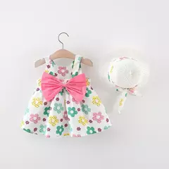Bebê recém-nascido Cotton Beach Suspender Dress e Sun Hat Princess Dress, Toddler Girl Clothes, Verão, 2 pcs