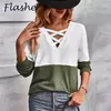 Camisas femininas coloridas com decote v, camiseta de manga comprida, tops casuais da moda, pulôver primavera e outono