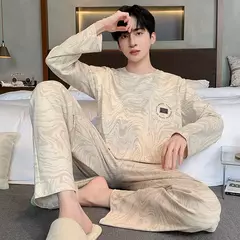 Pijama de algodão de duas peças masculino, calça de manga comprida, traje caseiro, estudante e adolescente, novo outono - loja online