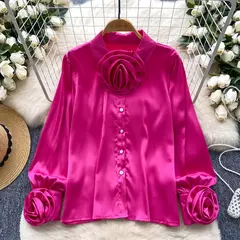Elegante cetim tridimensional flor manga longa lapela blusa chique vintage moda colheita topo feminino camisas de outono roupas - Wolf Magazine