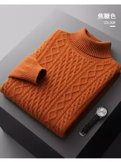 Pulôver Jacquard de cadeia dupla para homens, suéter de gola alta, camisa de fundo de malha 100% lã merino nova, outono e inverno na internet