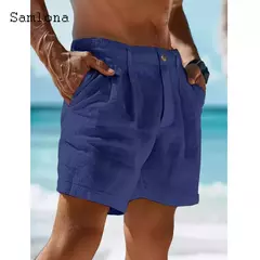 Calção de bolso de carrinho vintage masculino, linho algodão, estilo europeu, calça curta casual para praia, branco sólido, botão cáqui, calça voador, 2022 - comprar online