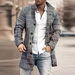 Imagem do Outono inverno retro impressão de lã casaco masculino casual único breasted lapela manga longa casaco moda masculina bolso solto meados longo jaqueta