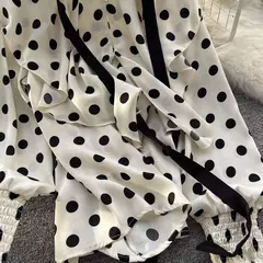 Vintage de bolinhas manga comprida plissado crop top feminino, t-shirt fina chique, camisa sexy casual fina, streetwear Harajuku, moda primavera