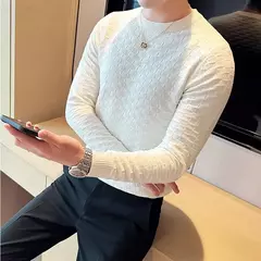 Outono inverno estiramento jacquard tecido o-pescoço camisola waffle masculina ajuste fino manga longa pullovers de malha casual streetwear homme - loja online