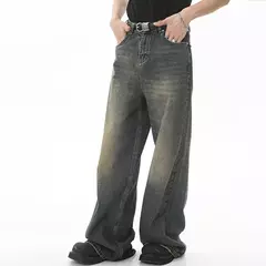 Iefb-Jeans lavado vintage masculino, calças jeans de perna larga, calças masculinas soltas, moda casual de rua angustiada, verão, versátil, 9C354 - Wolf Magazine