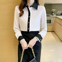 H Han Queen-blusa feminina de escritório com fivela de pérola, camisa manga comprida, tops casuais soltos, cor de contraste, feminino, outono