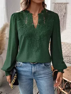 Elegante oco out camisa de renda feminina, pulôver profundo com decote V, blusa monocromática, jacquard lanterna manga longa tops, feminino na internet