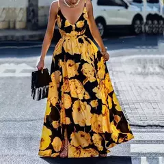 Verão impresso cintura vestido feminino 2024 comércio exterior roupas femininas com decote em v baixo peito festa grande saia vestido de balanço