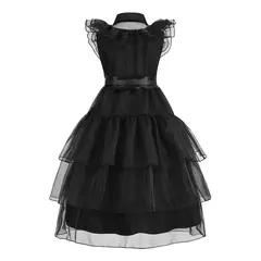 Crianças addams traje do bebê meninas família cosplay traje de halloween crianças família dança vestido preto quarta-feira pageant fantasia - loja online