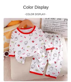 Conjunto de roupas domésticas de algodão puro para crianças, pijama fino para meninos e meninas, roupas com ar condicionado, manga três quartos, 2024, novo