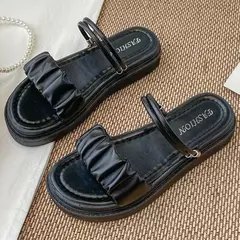 Sandálias Slingback plissadas de design para mulheres, bege, detalhe ruched, dedo do pé aberto, flatform, sapatos diários - loja online