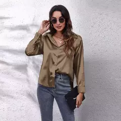 Blusa feminina de cetim manga longa, camisa cetim, tops de seda, vestuário europeu e americano, novo