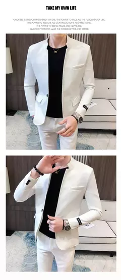 Imagem do New (Blazer+ Pants) Men's Fashion Business Korean Version of Gentleman Zhongshan Stand Collar Casual British Style 2-piece Set