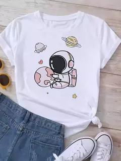Camiseta feminina casual de manga curta com gola redonda, streetwear feminina, tops vintage, camiseta Maycaur, estampada com planeta lunar, moda camisetas - comprar online