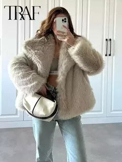 TRAF-Jaqueta feminina de tecido de lantejoulas de metal, casaco solto, gola alta, manga comprida, outerwear feminino chique, outono, inverno, 2023 - loja online