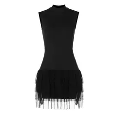 Mini vestido feminino de retalhos de malha preta sem mangas, vestidos de baile, bodycon sexy, slim festa streetwear, verão, 2024 - loja online