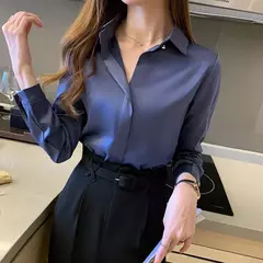 Blusa feminina de cetim de seda manga longa, camisa feminina, tops básicos, roupas femininas OL, moda feminina, 2023 - loja online