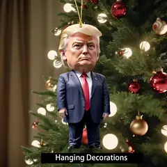 Imagem do Natal acrílico pendurado ornamento para carro e árvore, pingente dos desenhos animados engraçados, Trump-Inspirado, presente perfeito do feriado, 1pc