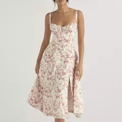 Vestido de verão estampado floral, Laço frontal feminino, Gola quadrada, Vestido de coxa dividido, Cinta de praia, Vestido de noite, Novo - Wolf Magazine