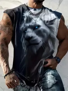 Camisola de alças estampada 3D leão tigre masculina, poliéster, versátil, casual, dominante na rua, gola redonda, sem mangas, primavera, verão, novo - loja online