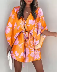 Mini vestido solto com cordão feminino, manga de batwing, botão sexy, gola V, cobertura de festa, estampa moda praia, verão - comprar online