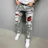 Calça jeans rasgada e skinny masculina, calça lápis jeans casual, stretch slim fit, remendos de endotécio, buraco de grade, nova moda