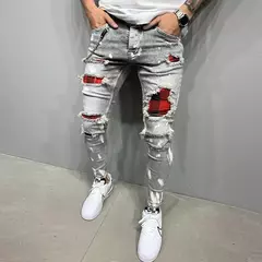 Calça jeans rasgada e skinny masculina, calça lápis jeans casual, stretch slim fit, remendos de endotécio, buraco de grade, nova moda