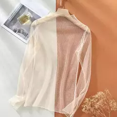 Top de mangas compridas transparente ultrafino feminino, casaco feminino com renda, monocromático, gola simulada, camisa feminina visível, primavera, verão - Wolf Magazine