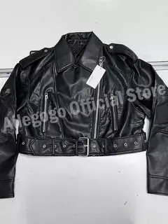 Ailegogo-Jaqueta curta feminina de couro PU falso com cinto, casaco de motociclista, lapela com zíper feminino, outwear solto, primavera, outono - loja online