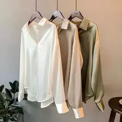 Imagem do Blusa feminina de manga comprida de cetim vintage, camisa sedosa, blusa de escritório de trabalho, camisa casual feminina, outono