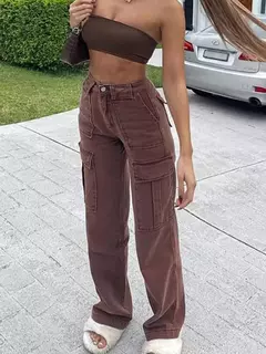 Perna larga feminina Jeans marrom largo, vintage, Y2K, punk, cintura alta, jeans solto, calças cargo, streetwear, bolsos, calças grandes
