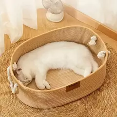 Imagem do Cama japonesa para gatos, formato oval, tecido à mão, rattan, verão, resfriamento, cesta para gatinhos, corda de algodão, cestas para arranhar gatos