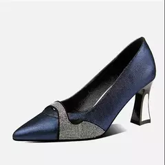 Imagem do Clássico azul marinho cristal brilhando sapatos de salto alto para mulheres, bombas elegantes Lady Comfort, E357, primavera e verão