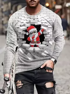 Feliz Natal camiseta de manga longa masculina, estampa 3D, padrão engraçado de Papai Noel, tamanho grande, tops, roupas - comprar online